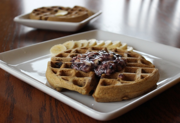 Blueberry Coconut Flour Waffles with Blueberry Banana "Fluff" by PamperedPaleo